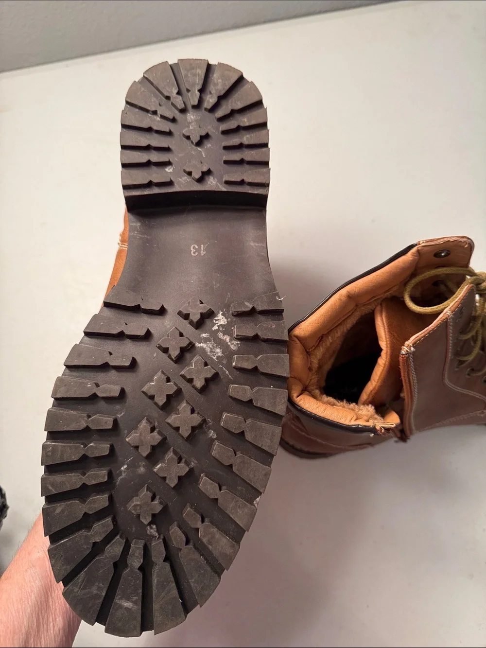 Men's Tan Lace-Up Faux Leather Boots with Fur Lining